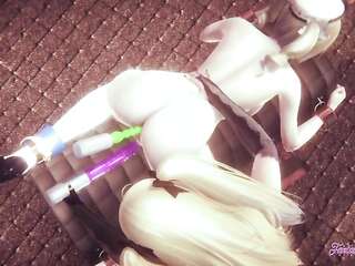 Genshin Impact Yuri Hentai 3D - Fischl cunnilingus to Barbara with and put two dildos in ass and pussy and squirting