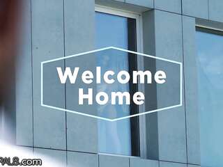 Naked blonde sits anus on her husband's huge cock in the villa