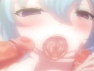 blue-haired girl sucking 2 penises