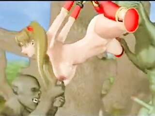 堕落したブロンドが2人の緑の悪役に犯される