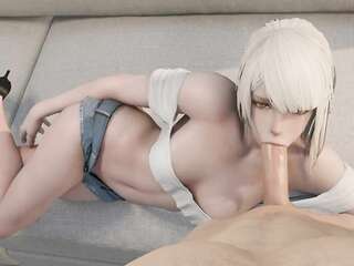 Blonde lying on her side sucks cock