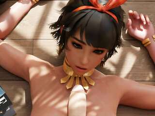 Titfuck ended with cum on the face of a big breasts mulatto