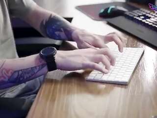 IT guy fucks a girl brunette in the ass and pussy