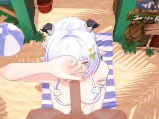 A Japanese woman sucks a big black cock in the hot sun on the beach.